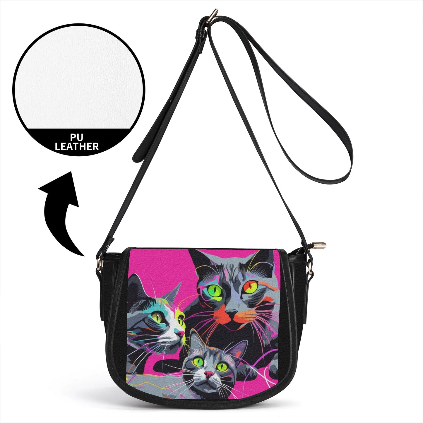 Three Kitties - New Version PU Leather Saddle Bag