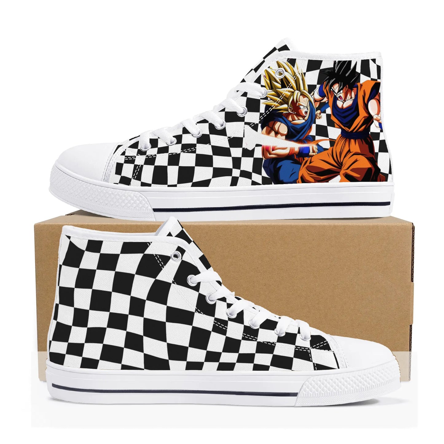 Checkered Anime - Mens High Top Canvas Shoes - Customized Tongue