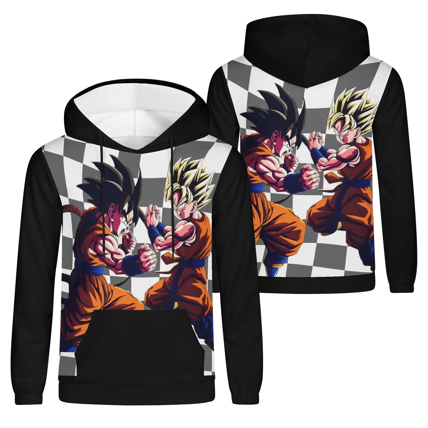 Black Checkers Nostalgic Anime Mens Lightweight All Over Print Hoodie