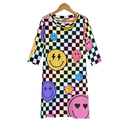 90s Checkers and Smiles - Womens Lightweight Oversize Half-Sleeve T-shirt & Midi Skirt Two-Piece Set