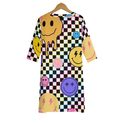 90s Checkers and Smiles - Womens Lightweight Oversize Half-Sleeve T-shirt & Midi Skirt Two-Piece Set