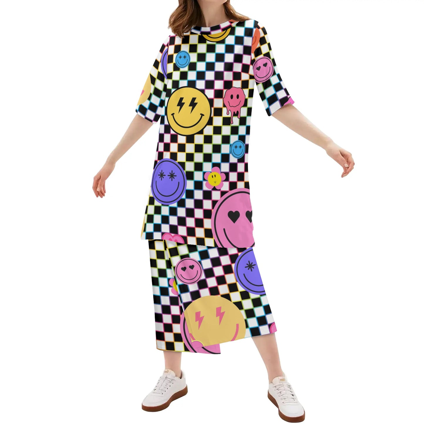 90s Checkers and Smiles - Womens Lightweight Oversize Half-Sleeve T-shirt & Midi Skirt Two-Piece Set