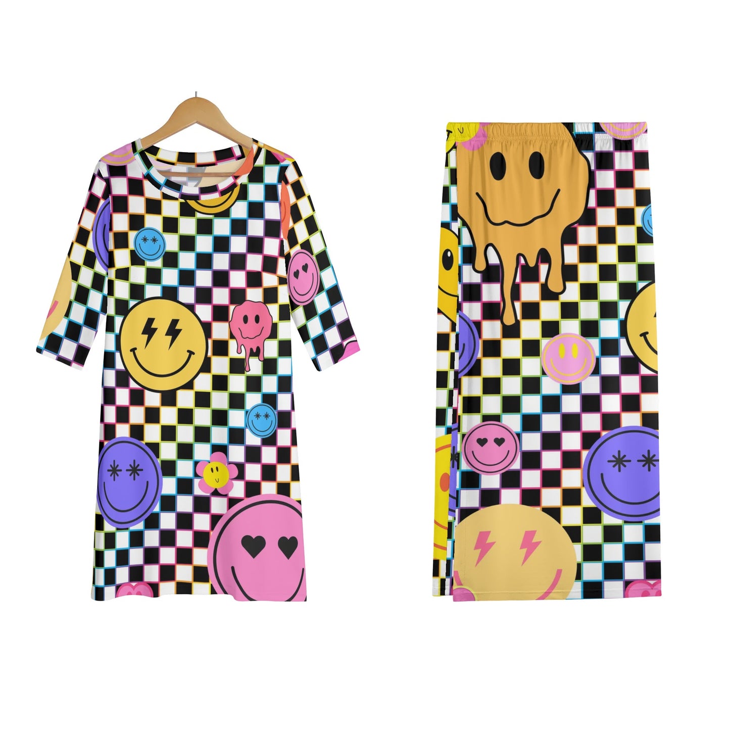 90s Checkers and Smiles - Womens Lightweight Oversize Half-Sleeve T-shirt & Midi Skirt Two-Piece Set