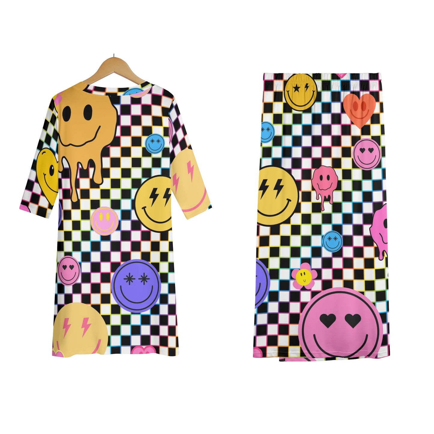 90s Checkers and Smiles - Womens Lightweight Oversize Half-Sleeve T-shirt & Midi Skirt Two-Piece Set