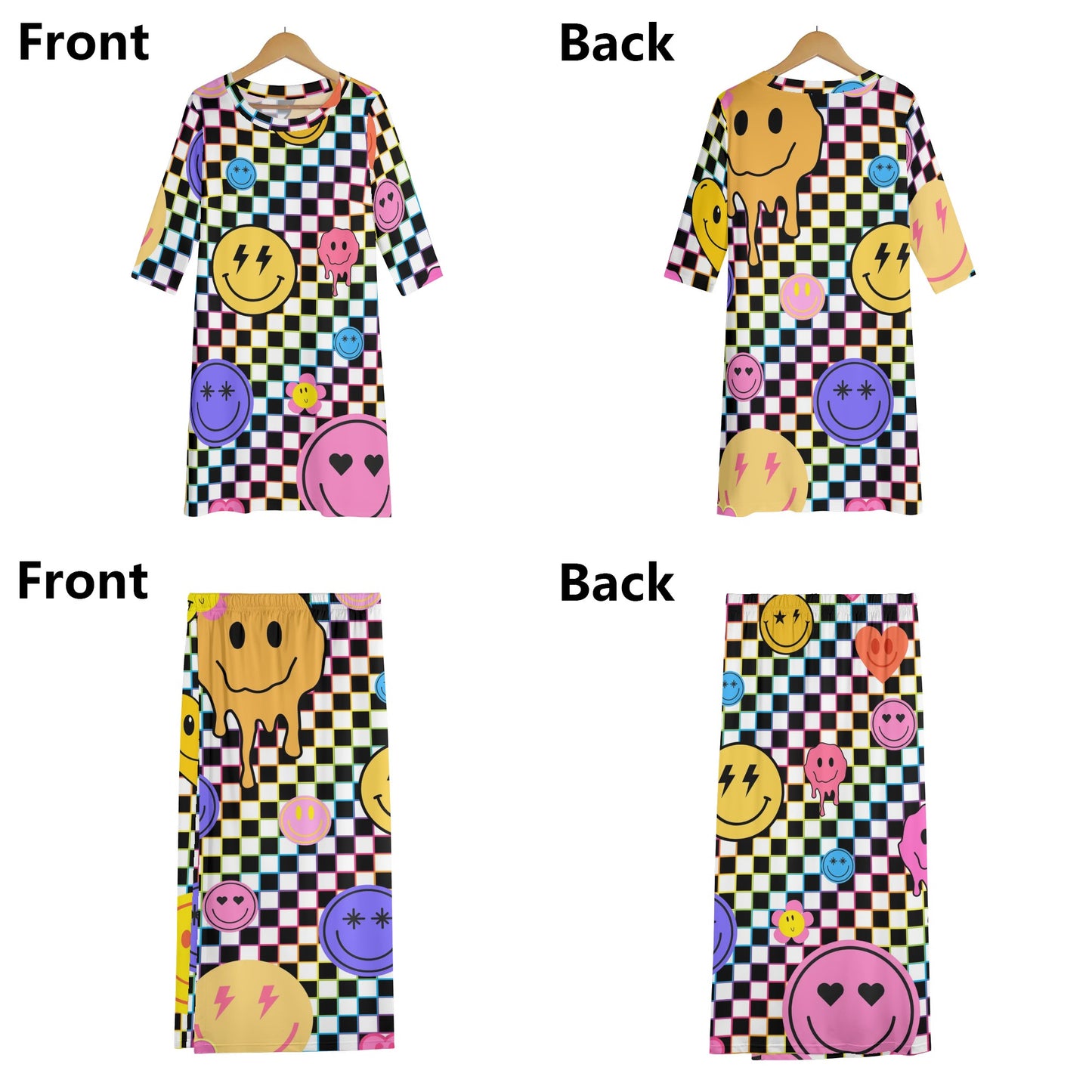 90s Checkers and Smiles - Womens Lightweight Oversize Half-Sleeve T-shirt & Midi Skirt Two-Piece Set