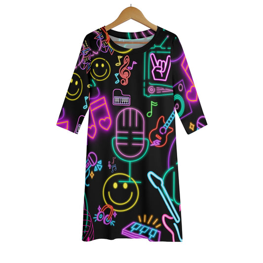 Neon Lights and Music Notes - Women's Lightweight Oversize Half-Sleeve T-shirt & Midi Skirt Two-Piece Set