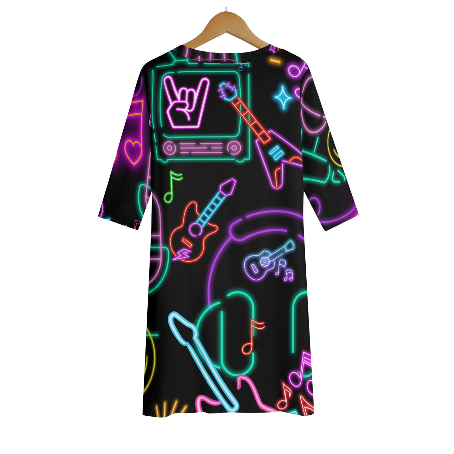 Neon Lights and Music Notes - Women's Lightweight Oversize Half-Sleeve T-shirt & Midi Skirt Two-Piece Set