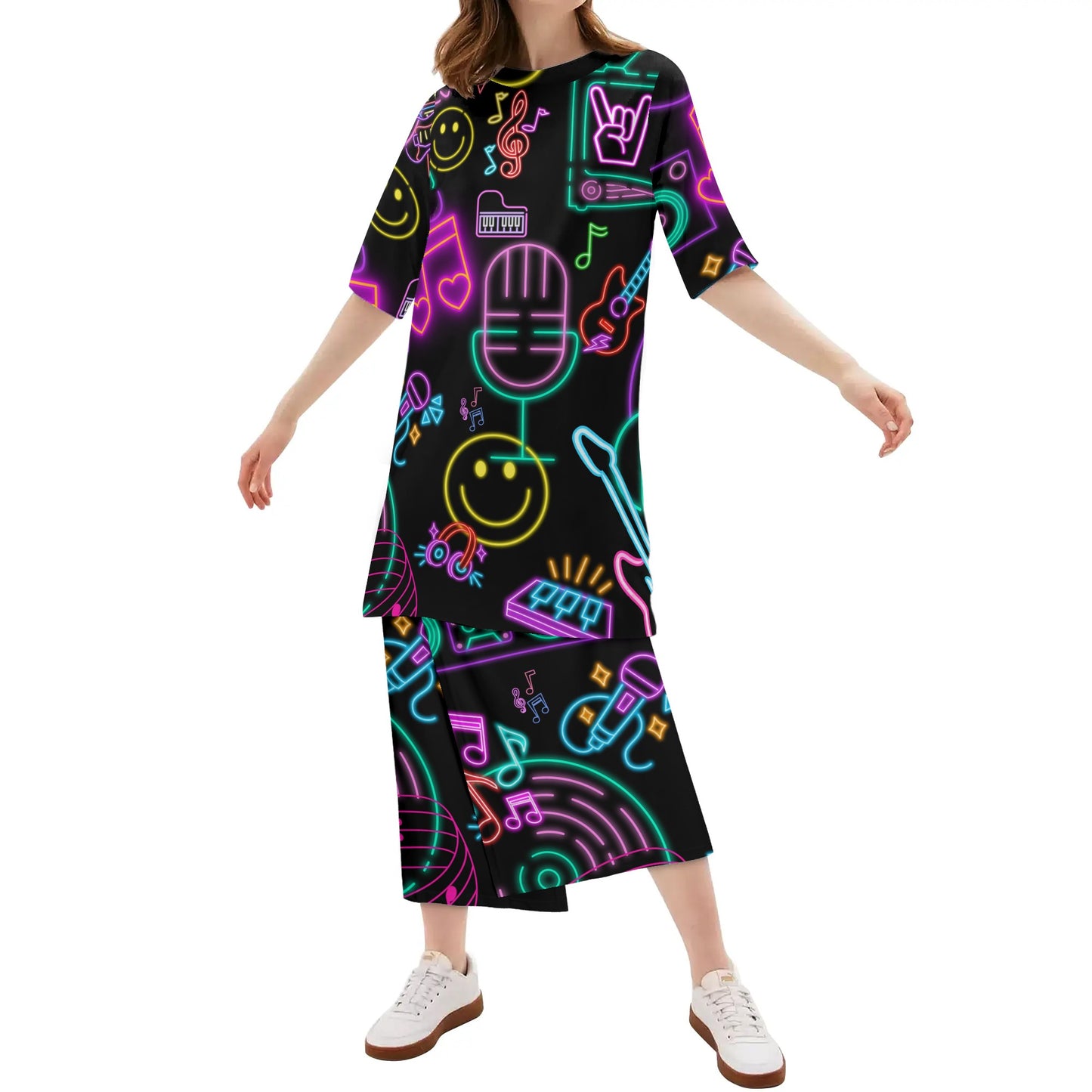 Neon Lights and Music Notes - Women's Lightweight Oversize Half-Sleeve T-shirt & Midi Skirt Two-Piece Set