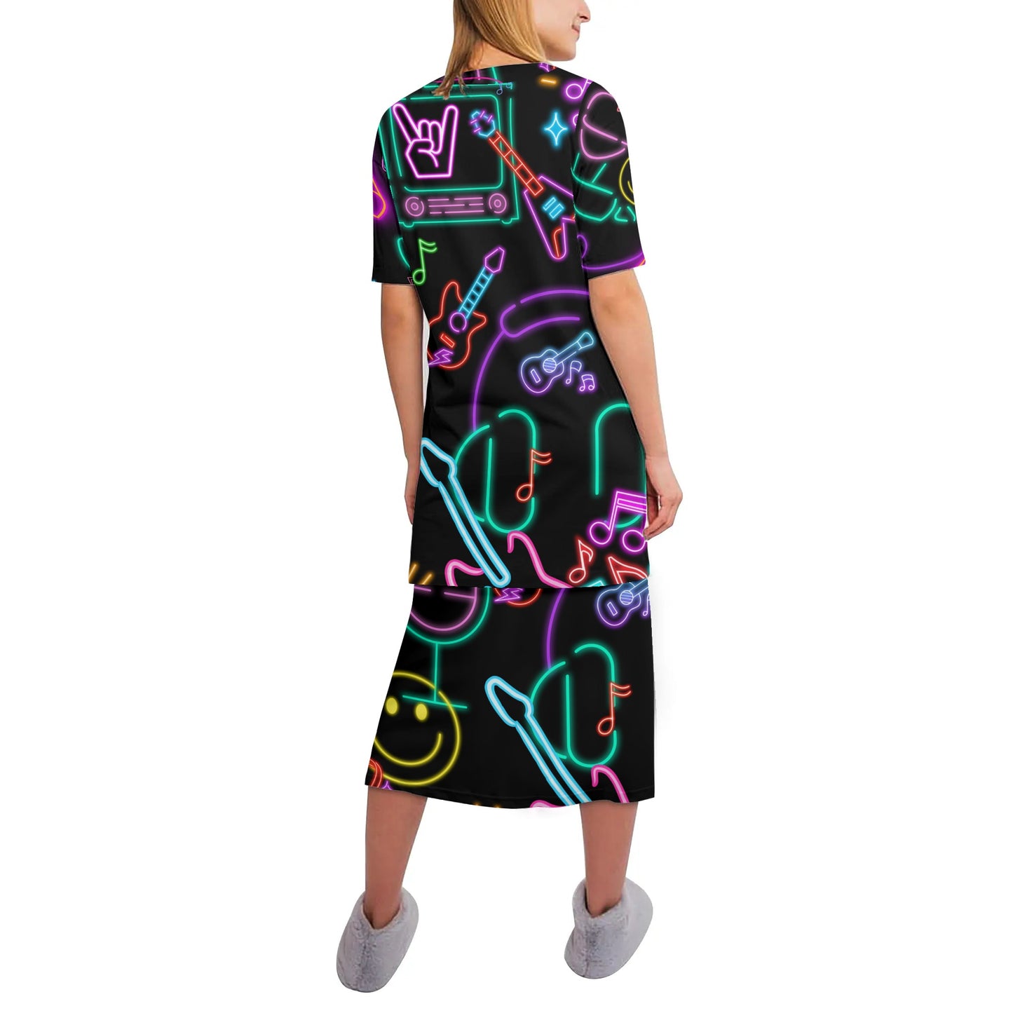 Neon Lights and Music Notes - Women's Lightweight Oversize Half-Sleeve T-shirt & Midi Skirt Two-Piece Set