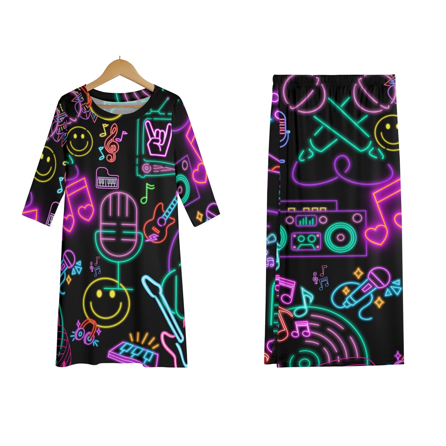 Neon Lights and Music Notes - Women's Lightweight Oversize Half-Sleeve T-shirt & Midi Skirt Two-Piece Set