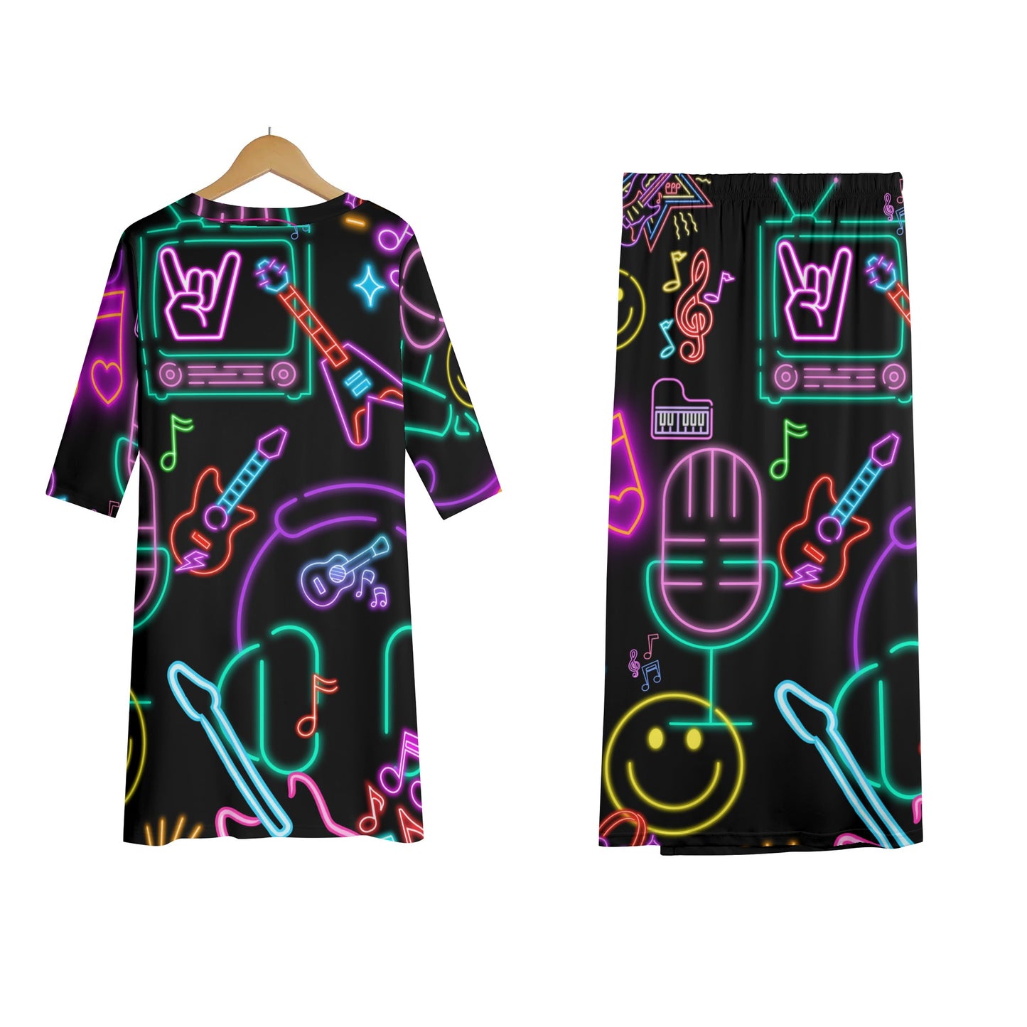 Neon Lights and Music Notes - Women's Lightweight Oversize Half-Sleeve T-shirt & Midi Skirt Two-Piece Set