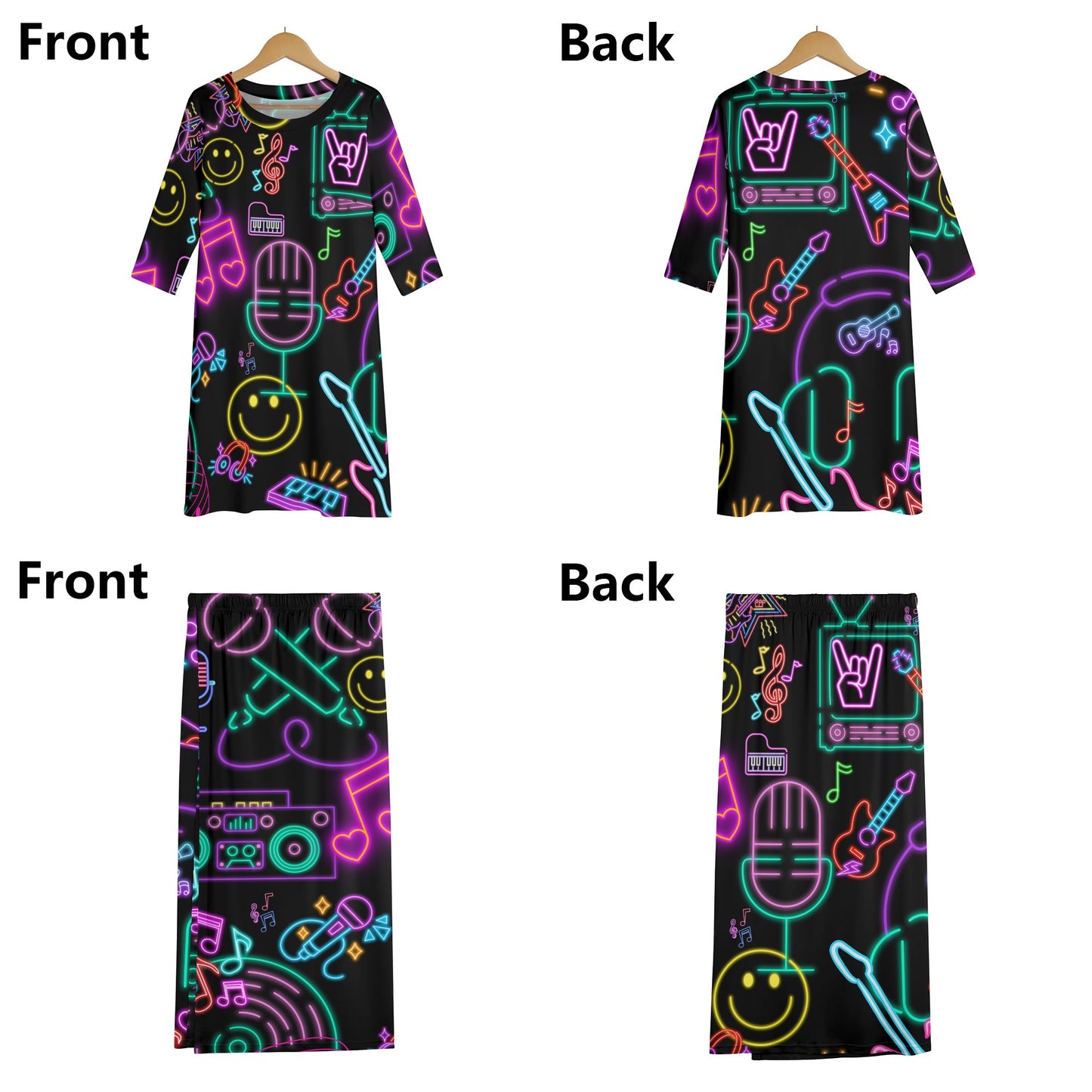 Neon Lights and Music Notes - Women's Lightweight Oversize Half-Sleeve T-shirt & Midi Skirt Two-Piece Set