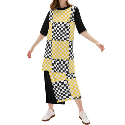 Black and Yellow - Womens Lightweight Oversize Half-Sleeve T-shirt & Midi Skirt Two-Piece Set