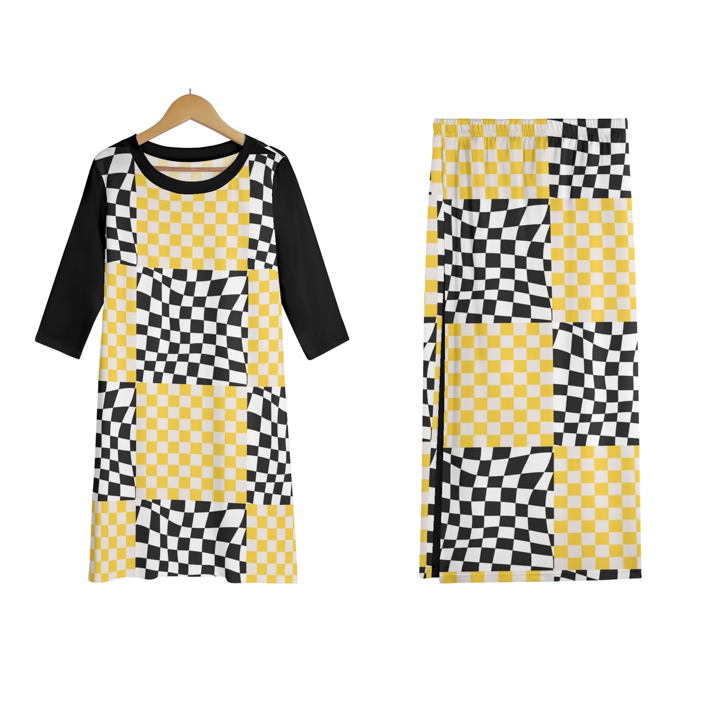 Black and Yellow - Womens Lightweight Oversize Half-Sleeve T-shirt & Midi Skirt Two-Piece Set