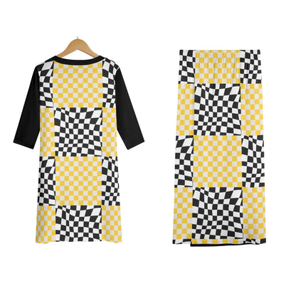 Black and Yellow - Womens Lightweight Oversize Half-Sleeve T-shirt & Midi Skirt Two-Piece Set