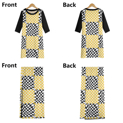 Black and Yellow - Womens Lightweight Oversize Half-Sleeve T-shirt & Midi Skirt Two-Piece Set