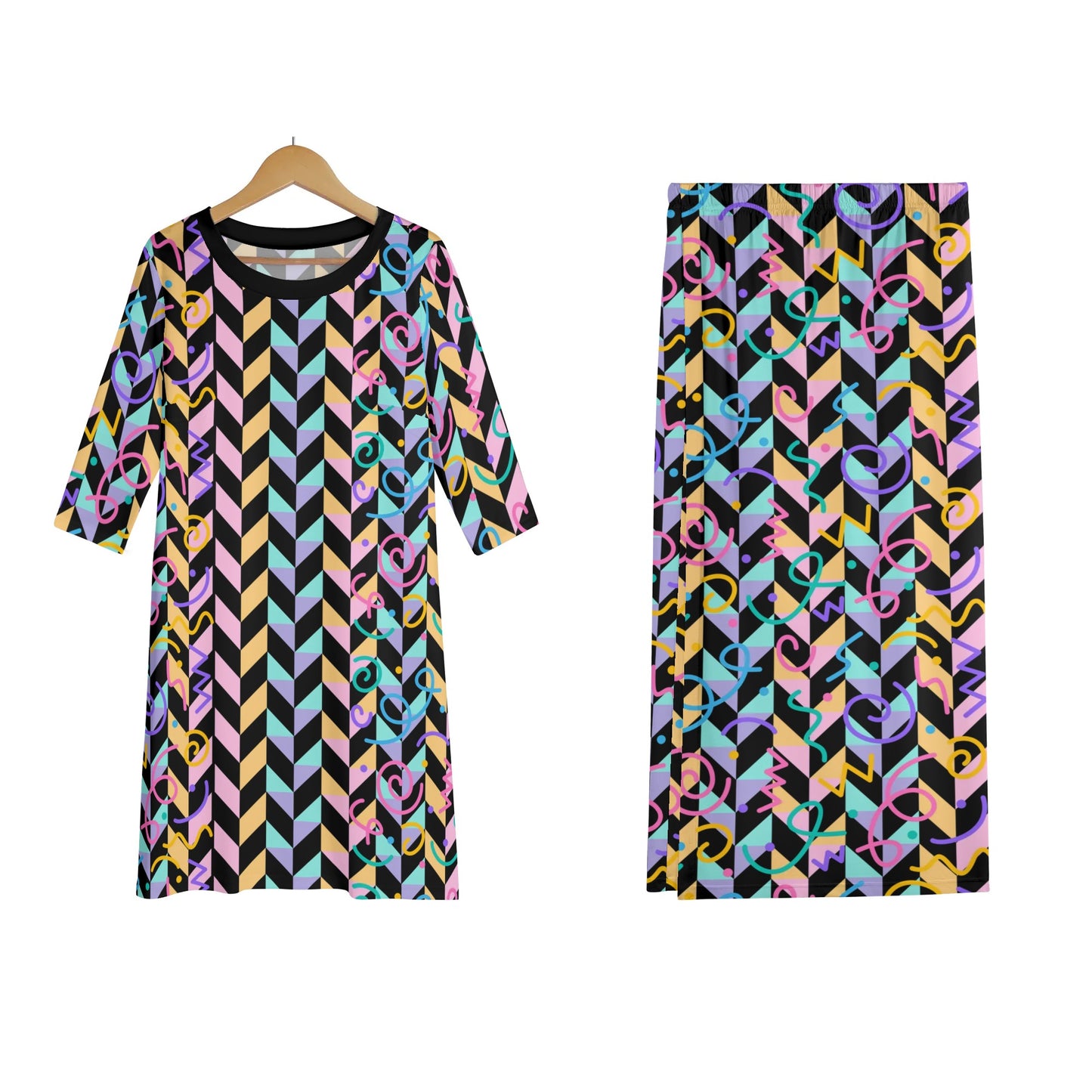 Chillin in Chevron - Women's Lightweight Oversize Half-Sleeve T-shirt & Midi Skirt Two-Piece Set