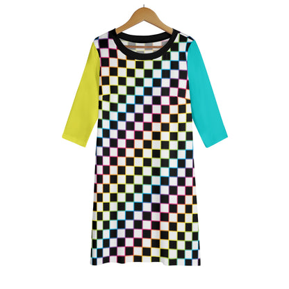 Rainbow Checkers - Women's Lightweight Oversize Half-Sleeve T-shirt & Midi Skirt Two-Piece Set