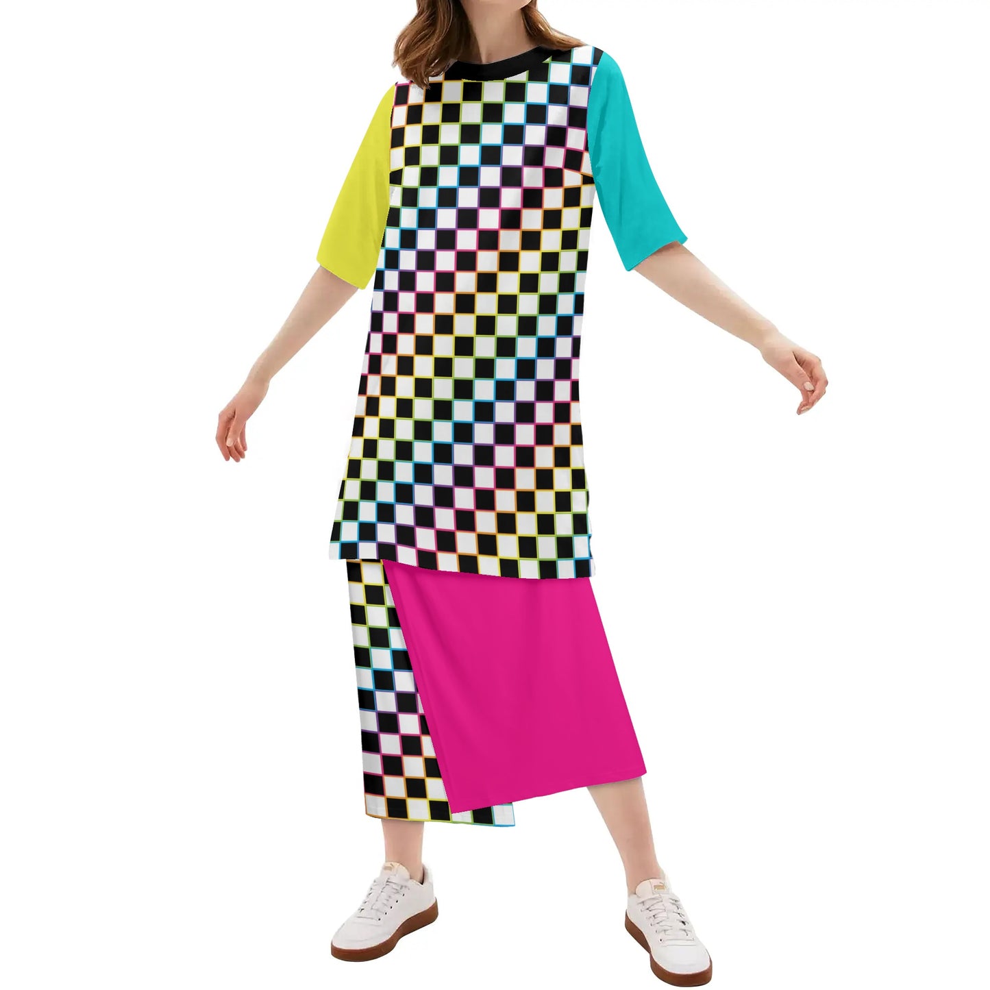 Rainbow Checkers - Women's Lightweight Oversize Half-Sleeve T-shirt & Midi Skirt Two-Piece Set