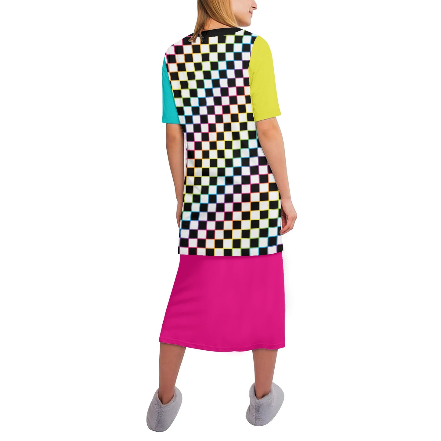 Rainbow Checkers - Women's Lightweight Oversize Half-Sleeve T-shirt & Midi Skirt Two-Piece Set