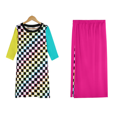 Rainbow Checkers - Women's Lightweight Oversize Half-Sleeve T-shirt & Midi Skirt Two-Piece Set