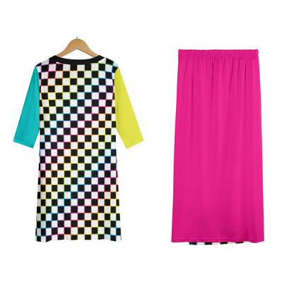 Rainbow Checkers - Women's Lightweight Oversize Half-Sleeve T-shirt & Midi Skirt Two-Piece Set