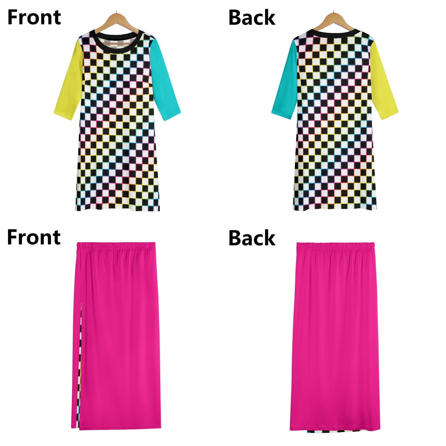 Rainbow Checkers - Women's Lightweight Oversize Half-Sleeve T-shirt & Midi Skirt Two-Piece Set