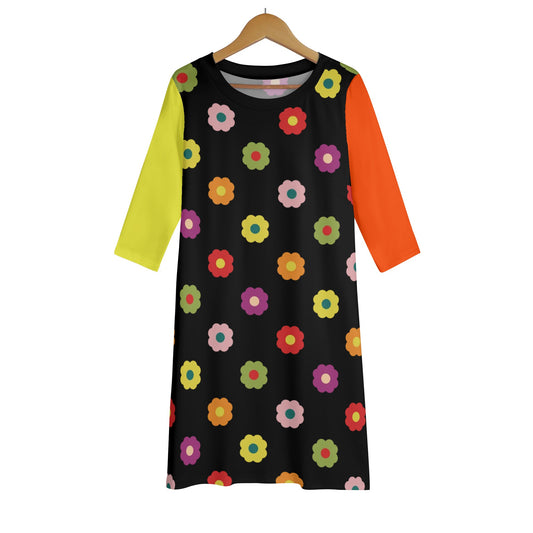 70s Flower Power - Womens Lightweight Oversize Half-Sleeve T-shirt & Midi Skirt Two-Piece Set