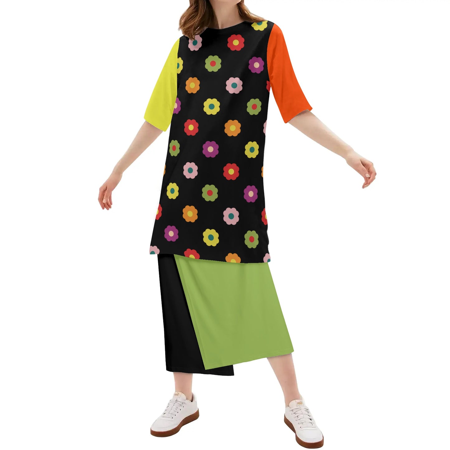 70s Flower Power - Womens Lightweight Oversize Half-Sleeve T-shirt & Midi Skirt Two-Piece Set