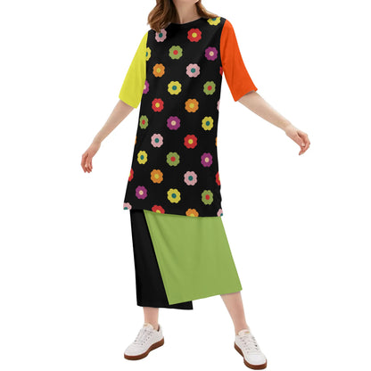 70s Flower Power - Womens Lightweight Oversize Half-Sleeve T-shirt & Midi Skirt Two-Piece Set