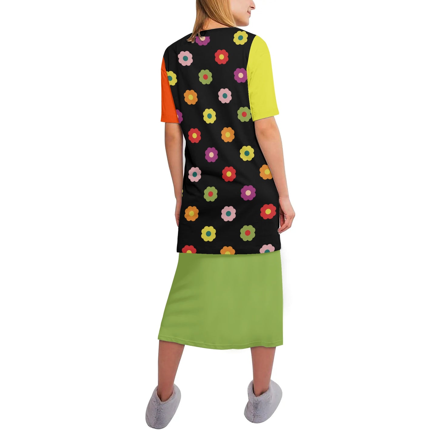 70s Flower Power - Womens Lightweight Oversize Half-Sleeve T-shirt & Midi Skirt Two-Piece Set