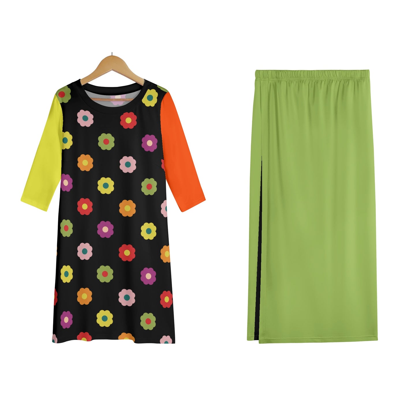 70s Flower Power - Womens Lightweight Oversize Half-Sleeve T-shirt & Midi Skirt Two-Piece Set