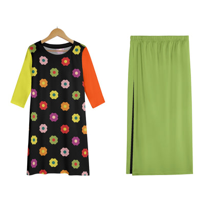 70s Flower Power - Womens Lightweight Oversize Half-Sleeve T-shirt & Midi Skirt Two-Piece Set