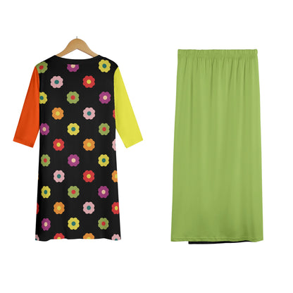 70s Flower Power - Womens Lightweight Oversize Half-Sleeve T-shirt & Midi Skirt Two-Piece Set