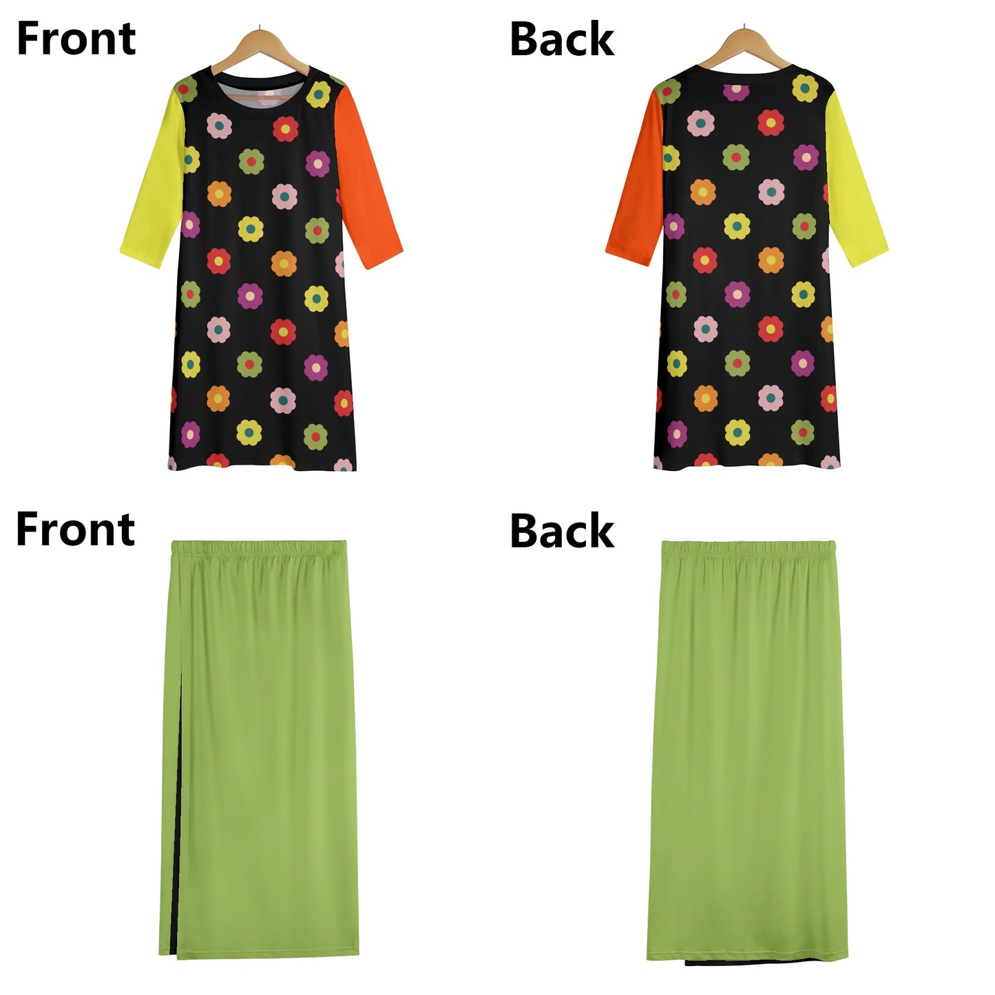 70s Flower Power - Womens Lightweight Oversize Half-Sleeve T-shirt & Midi Skirt Two-Piece Set