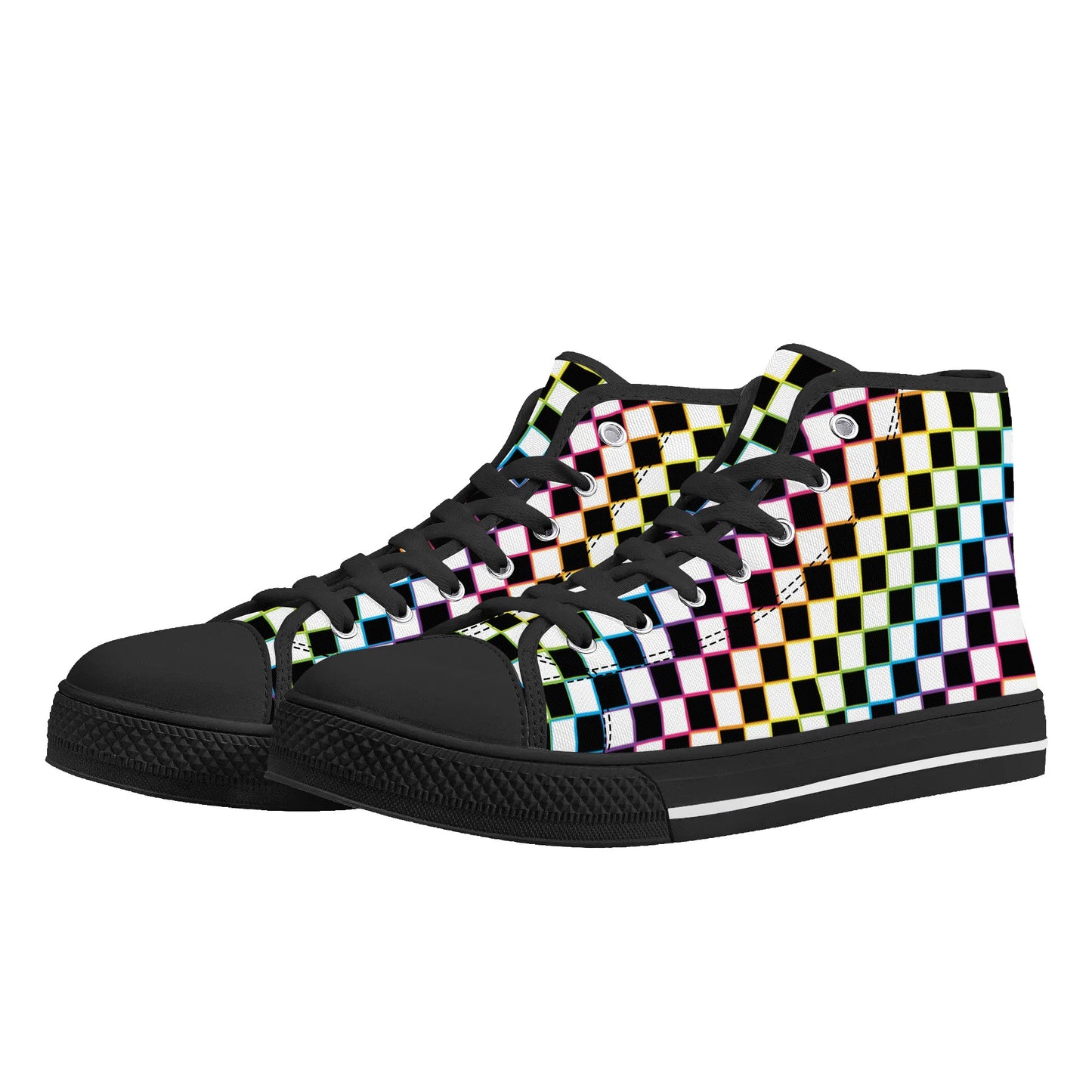 Rainbow Checkers - Mens High Top Canvas Shoes - Customized Tongue