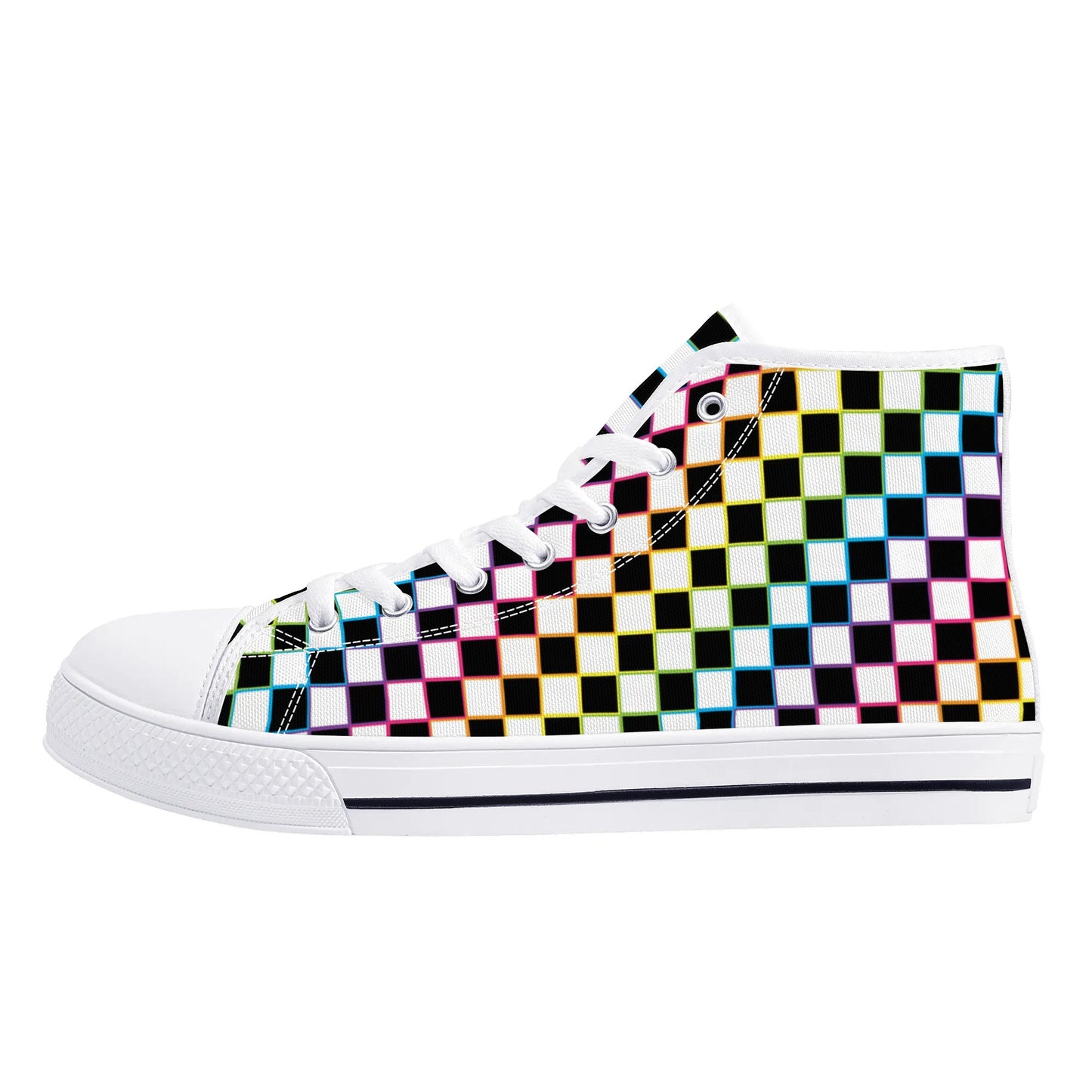 Rainbow Checkers - Mens High Top Canvas Shoes - Customized Tongue