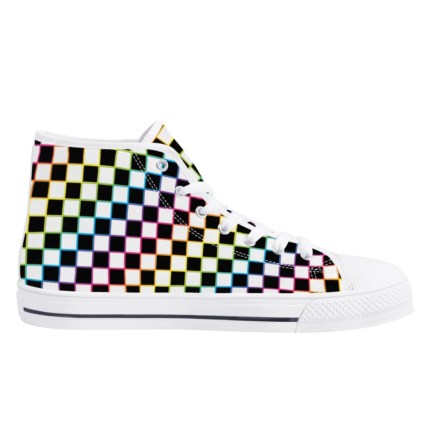 Rainbow Checkers - Mens High Top Canvas Shoes - Customized Tongue