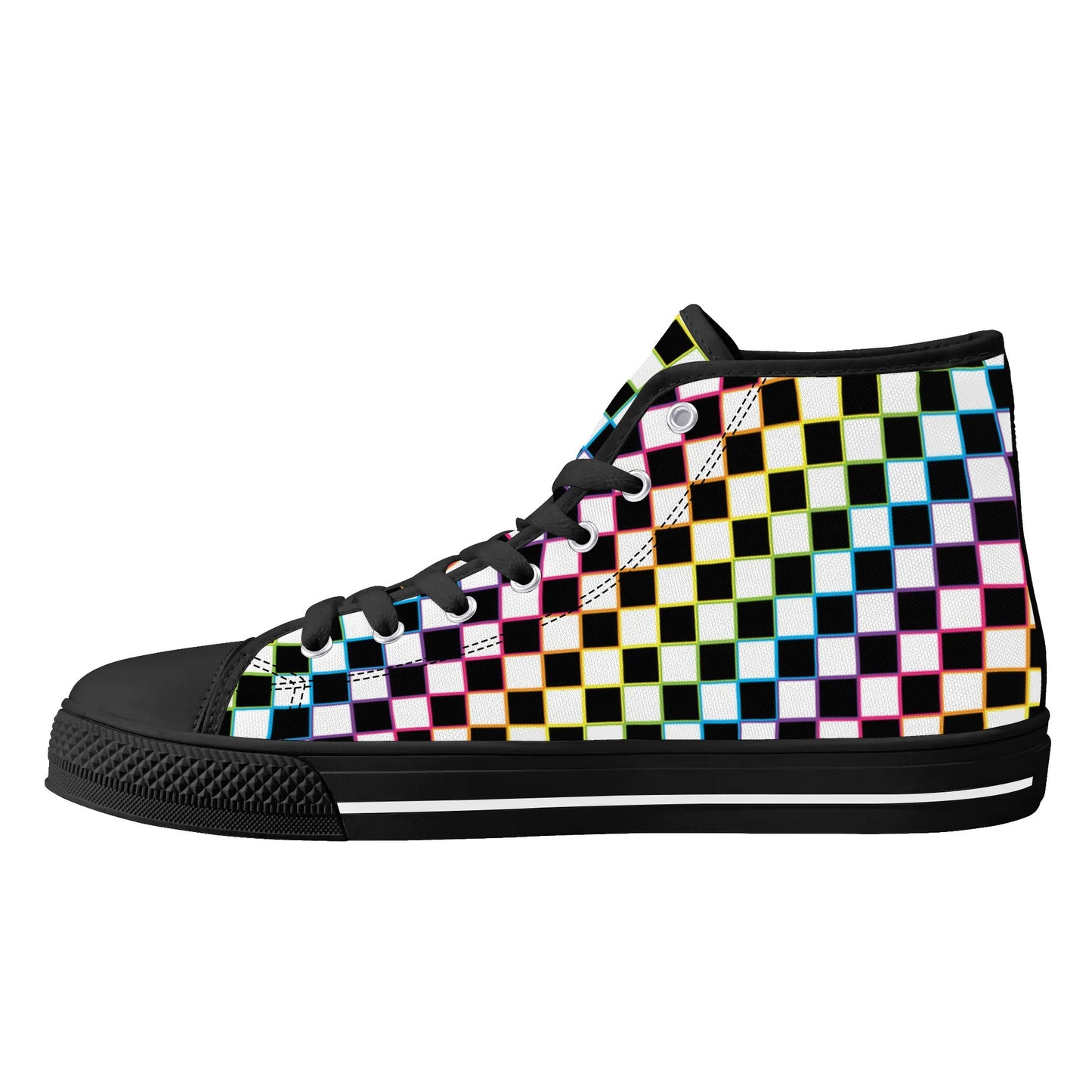 Rainbow Checkers - Mens High Top Canvas Shoes - Customized Tongue