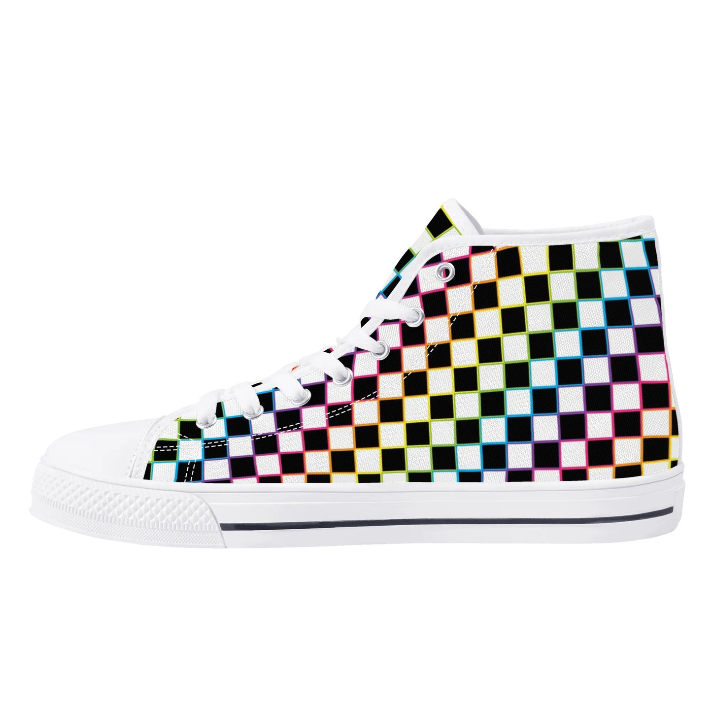 Rainbow Checkers - Mens High Top Canvas Shoes - Customized Tongue