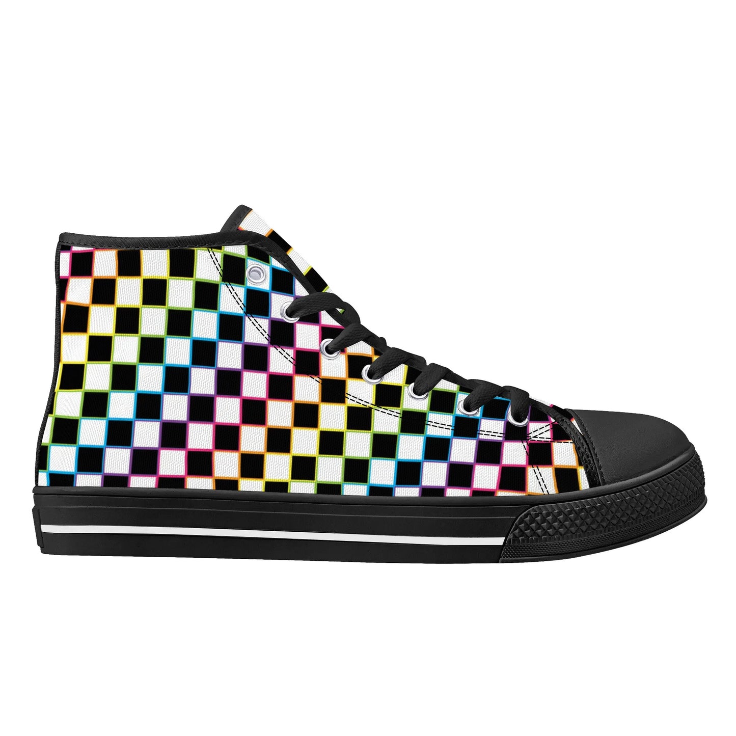 Rainbow Checkers - Mens High Top Canvas Shoes - Customized Tongue