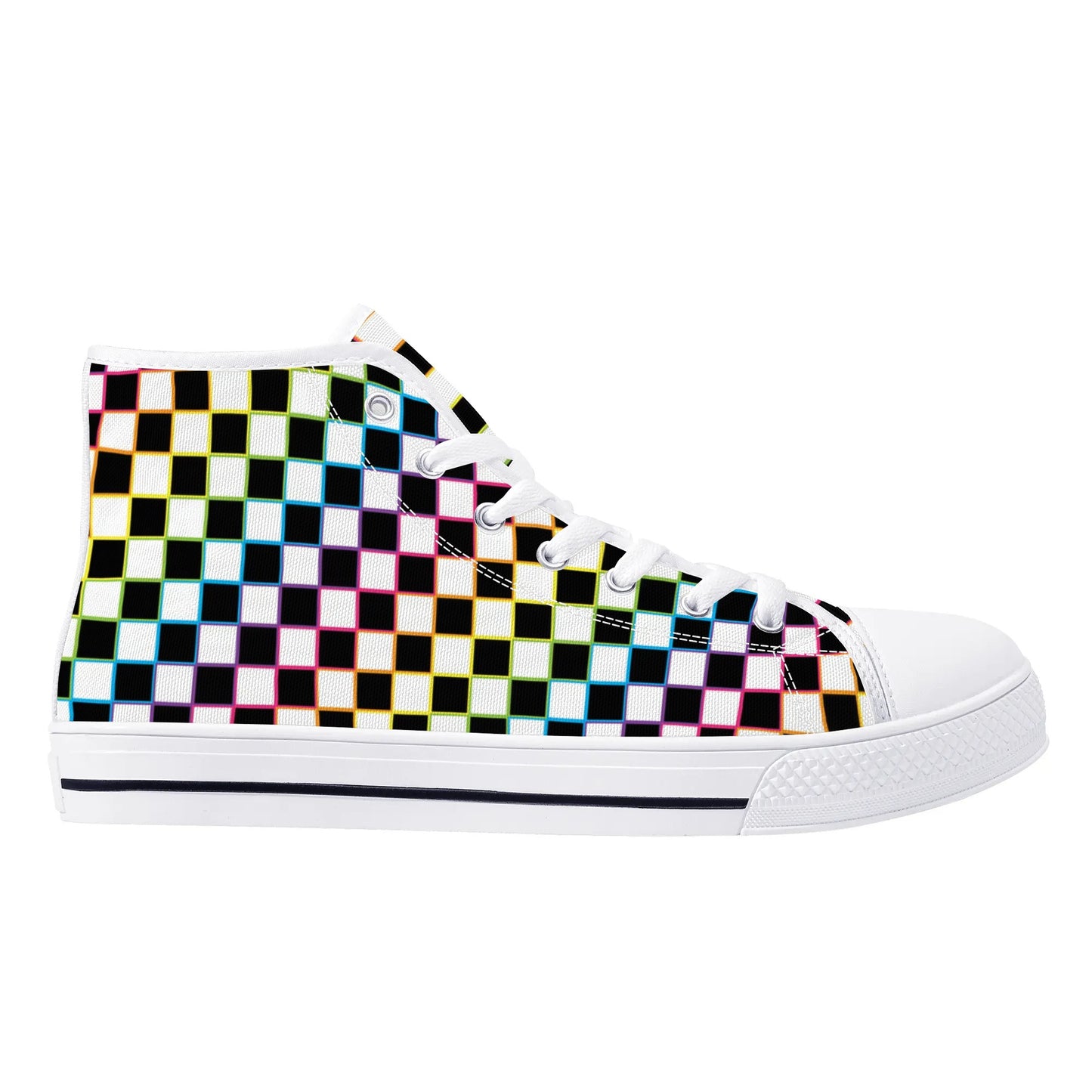 Rainbow Checkers - Mens High Top Canvas Shoes - Customized Tongue