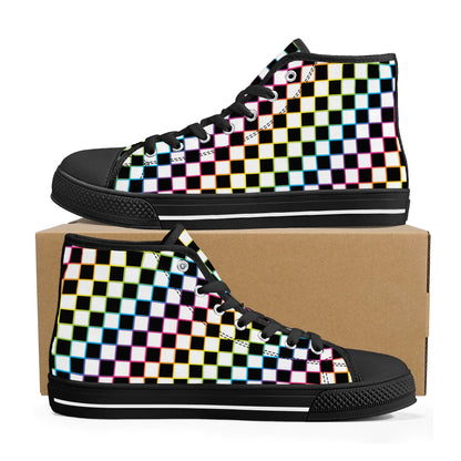 Rainbow Checkers - Mens High Top Canvas Shoes - Customized Tongue