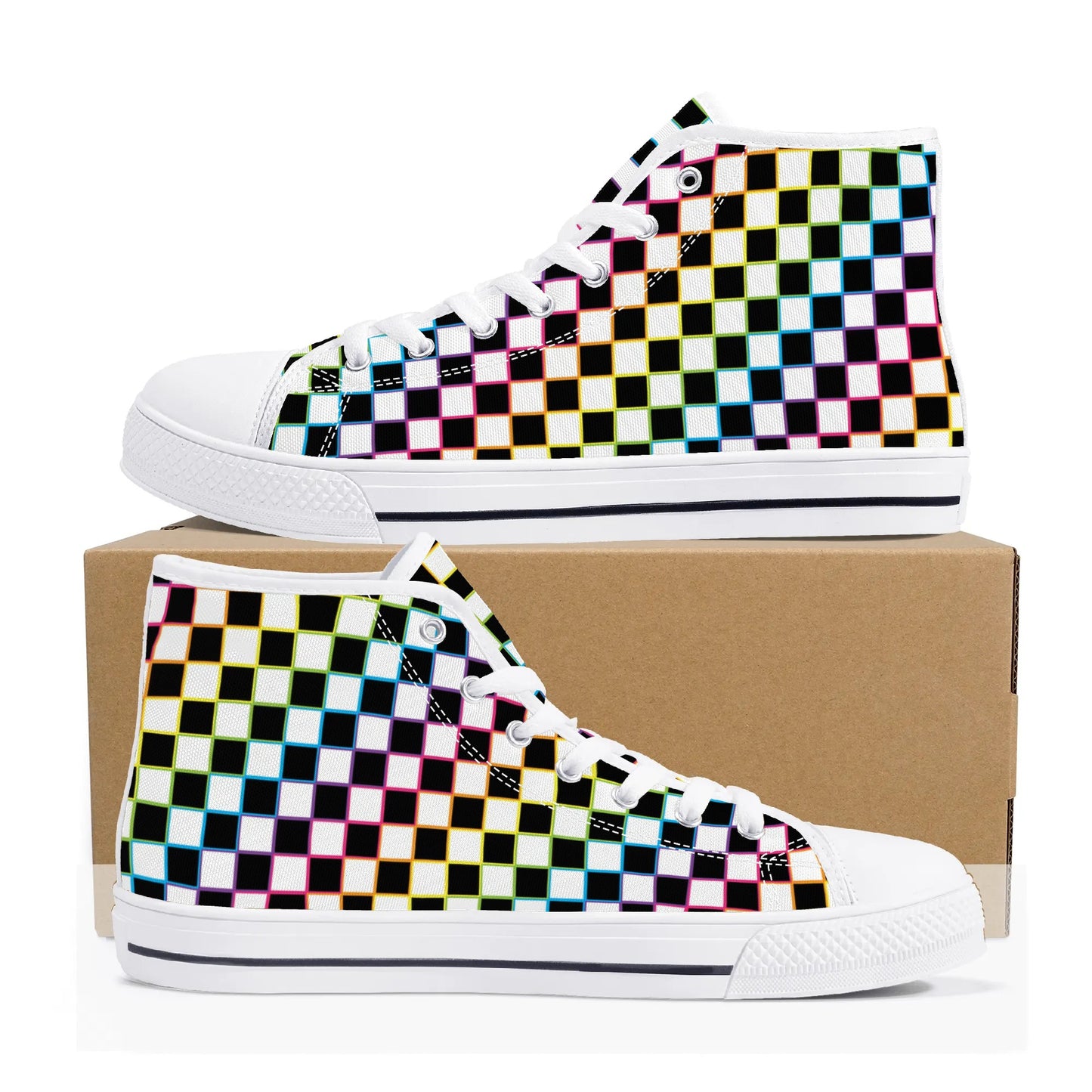 Rainbow Checkers - Mens High Top Canvas Shoes - Customized Tongue