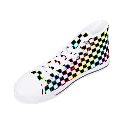 Rainbow Checkers - Mens High Top Canvas Shoes - Customized Tongue