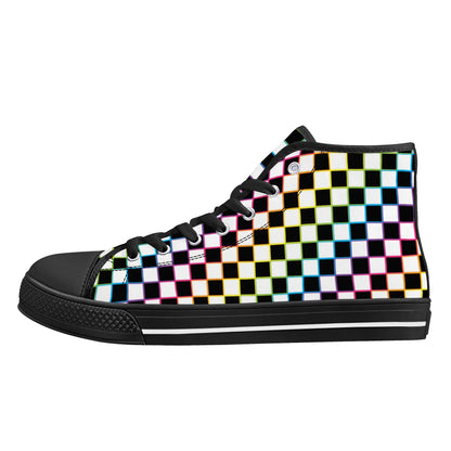 Rainbow Checkers - Mens High Top Canvas Shoes - Customized Tongue