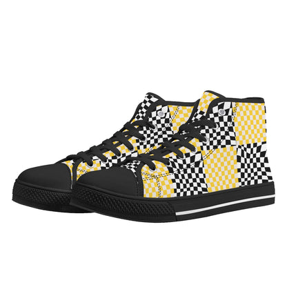 Black and Yellow Checkers - Mens High Top Canvas Shoes