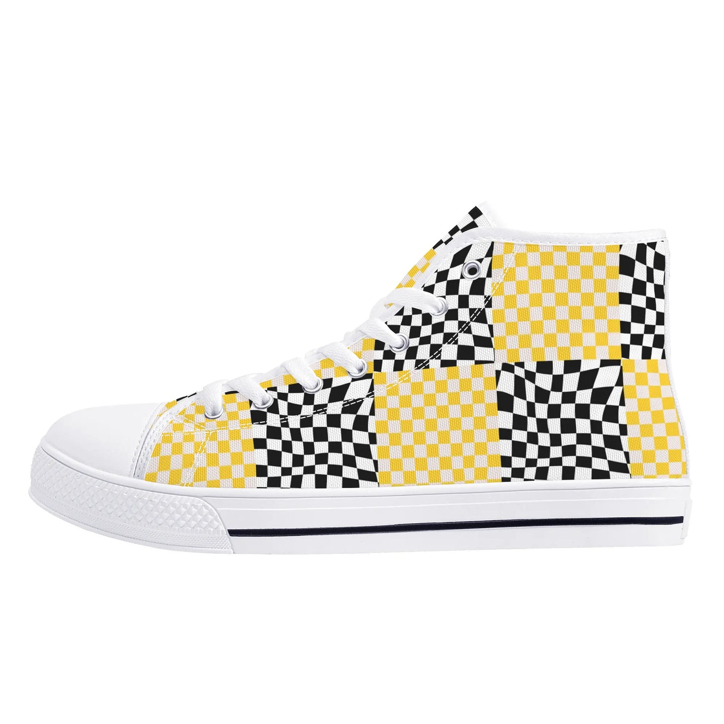 Black and Yellow Checkers - Mens High Top Canvas Shoes