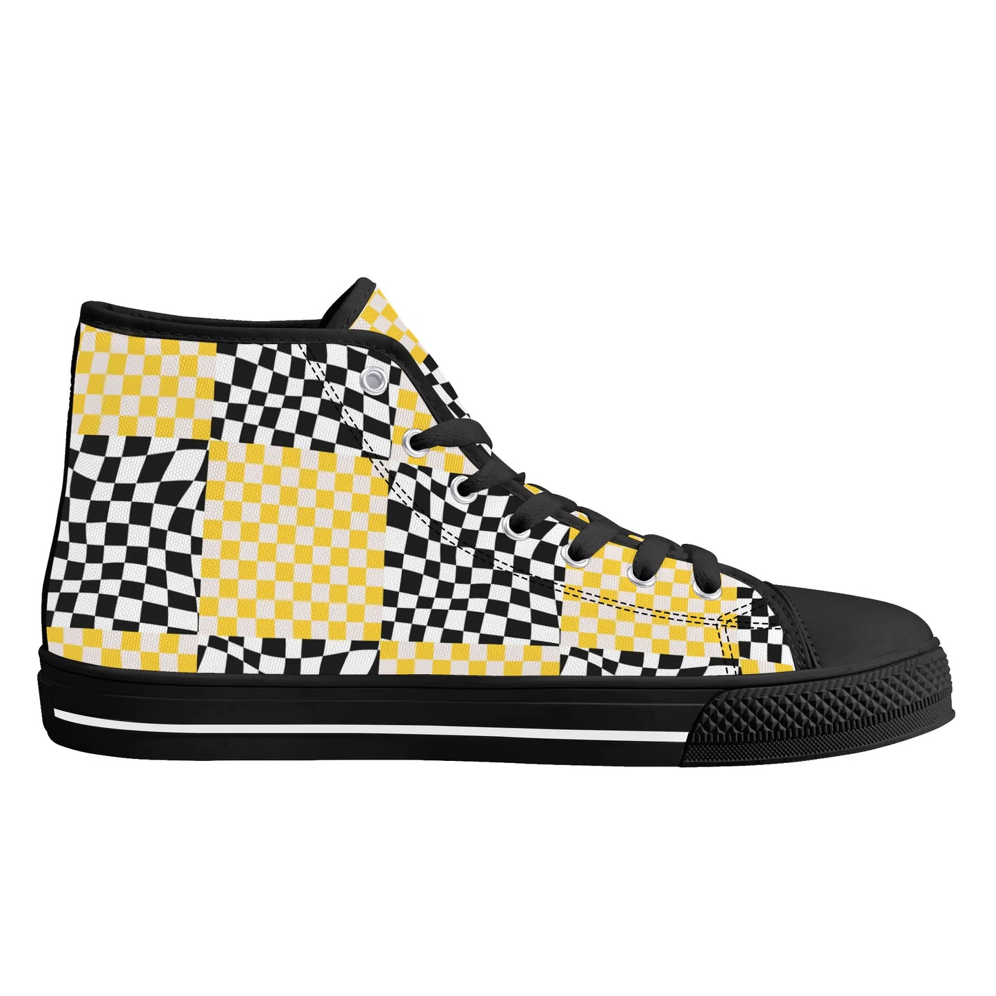 Black and Yellow Checkers - Mens High Top Canvas Shoes