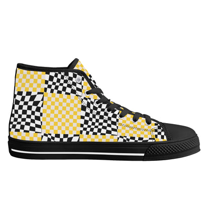 Black and Yellow Checkers - Mens High Top Canvas Shoes